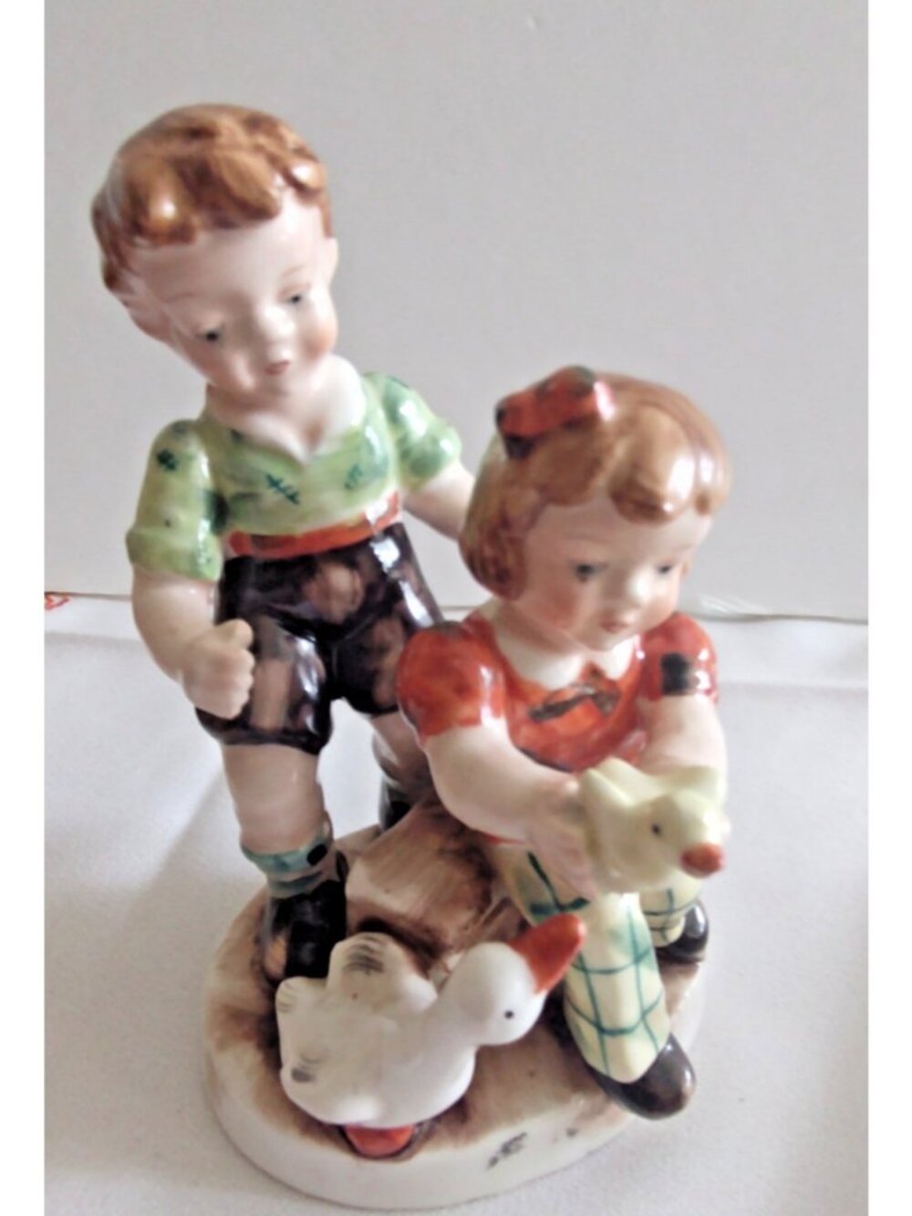 Vintage Occupied Japan Hand Painted Boy and Girl w Goose & Baby Goose Figurine